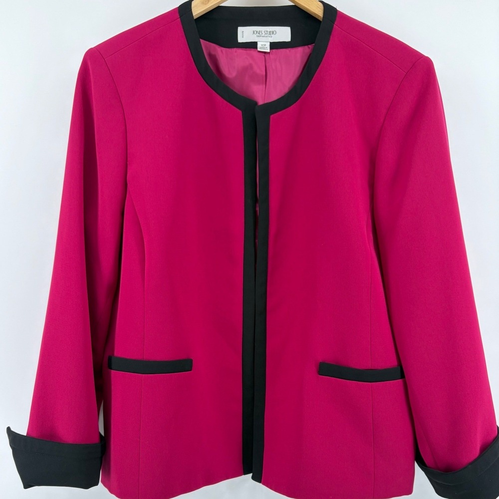Jones Studio Pink Fuchsia Open Front Blazer Black Trim Petite 12P
